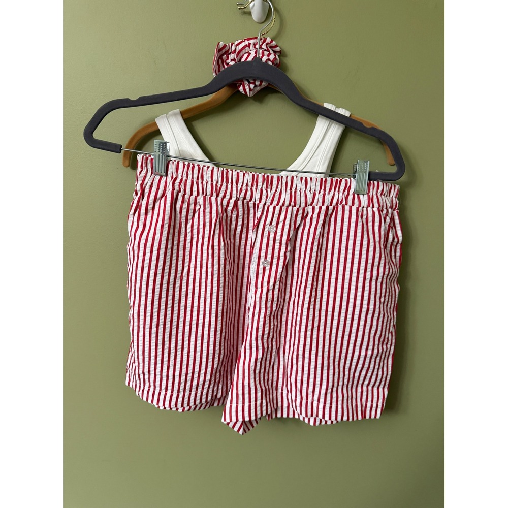 Sincerely Jules Pajama Set Red White Striped Seersucker Shorts Tank Scrunchie L